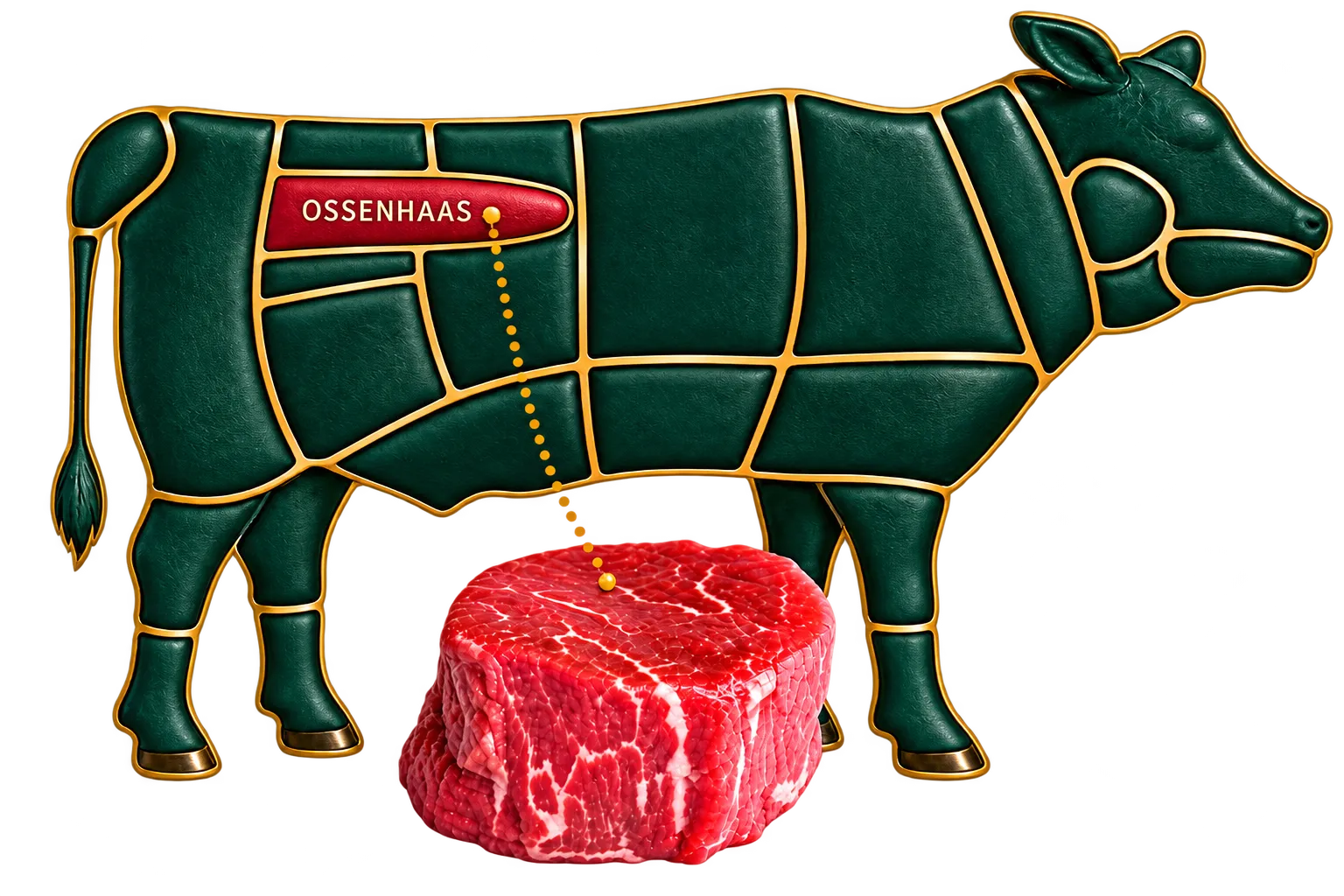 Illustratie van een rund met de deelstukken ingetekend in goud, waarbij het stuk van de ossenhaas rood is gemarkeerd, met een stippellijn naar een foto van een rauwe ossenhaas