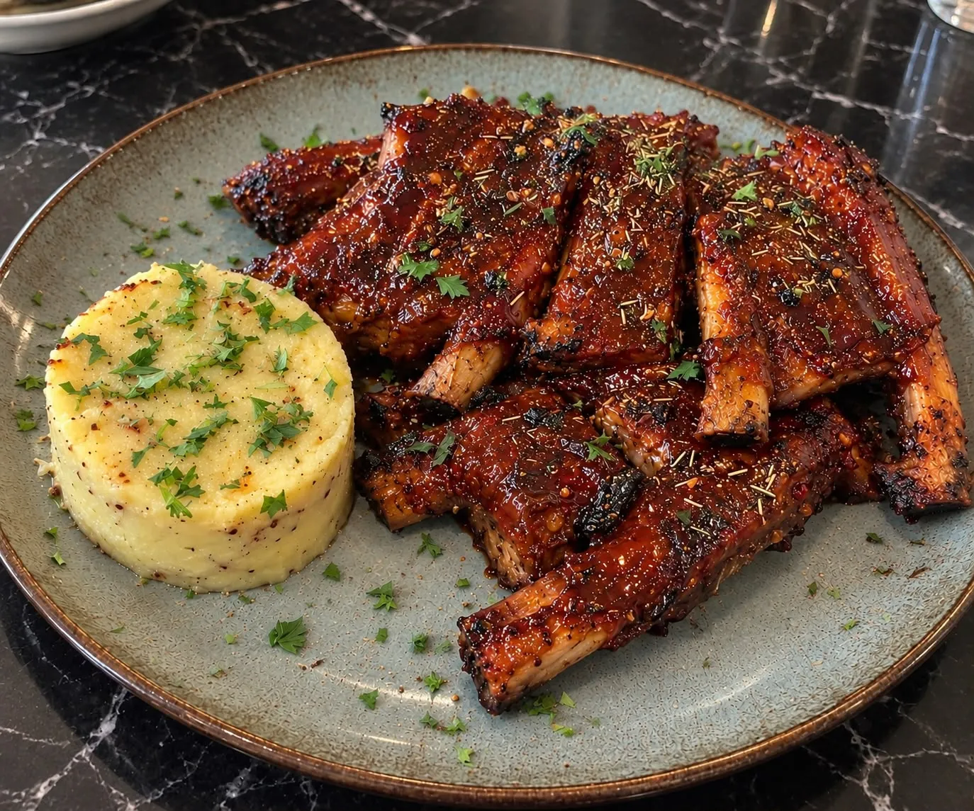 Een bord spareribs bij Darna: donker gelakte ribben met kruiden en peterselie, met een torentje aardappelpuree ernaast